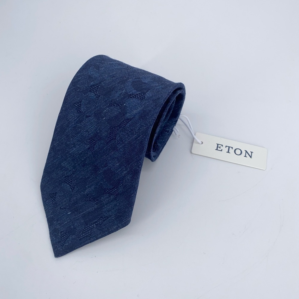 Eton Tie Mens Navy Floral Linen Silk Blend Classic Fit Luxury Necktie NWT